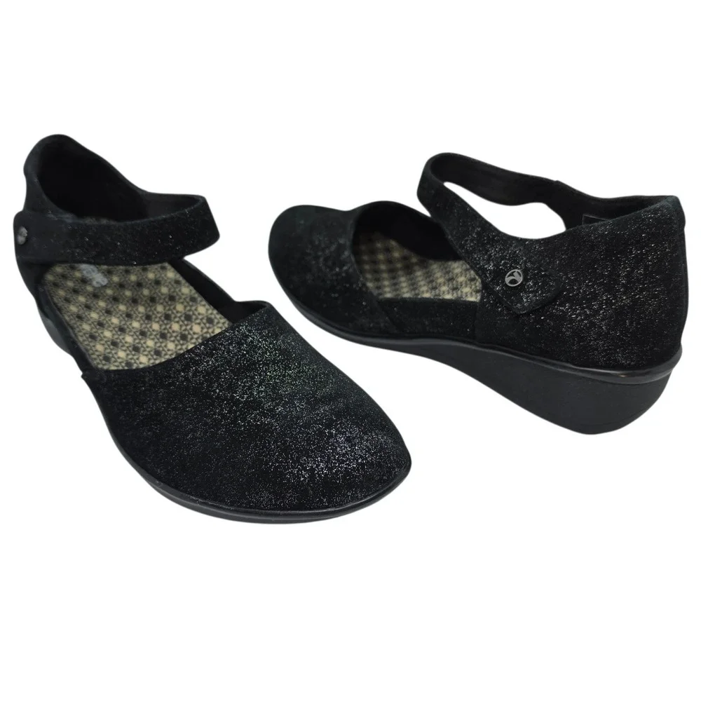 Revere Osaka Midnight Black Shimmer Leather Mary Jane Wedge Shoes US 10M EUR 41